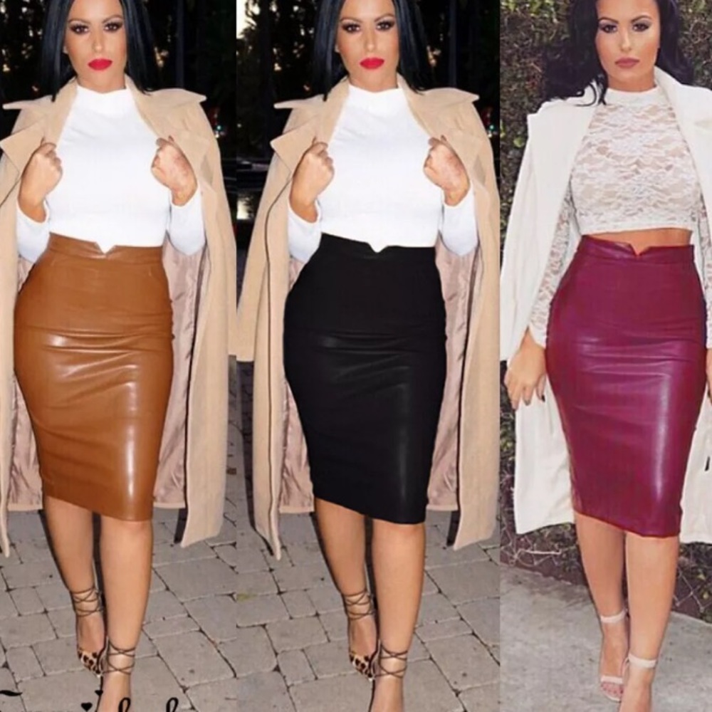 NEW FAUX LEATHER BROWN SKIRT - Picture 3 of 5